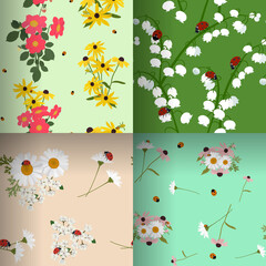 Beautiful set of seamless vector illustrations with summer flowers and ladybugs.