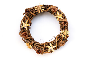 Fototapeta premium Rustic wooden Christmas wreath with pine cones isolated on whote background. Natural Christmas decoration