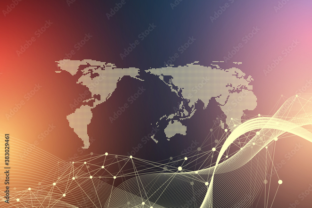 Poster World map point with global technology networking concept. Digital data visualization. Lines plexus. Big Data background communication. Scientific illustration.