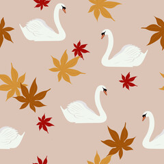 Seamless vector illustration with swans and maple leaves.