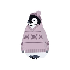 Vector illustration with a penguin in a sweater and hat