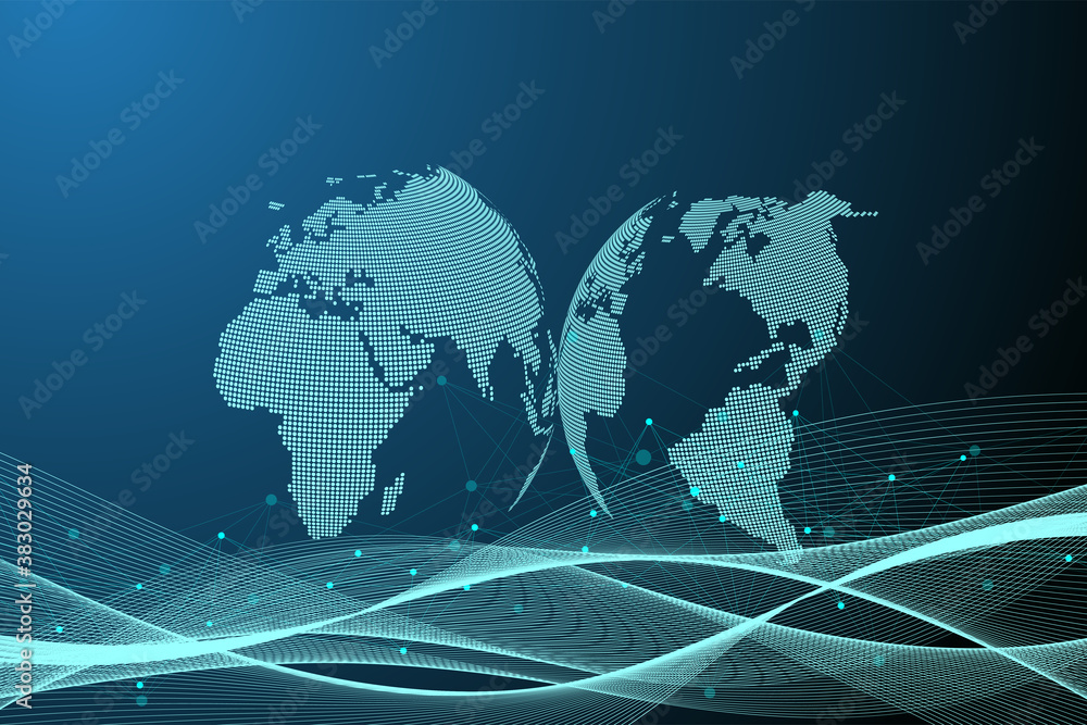Poster Big data visualization. Geometric abstract background visual information complexity. Futuristic infographics design. Technology background with connected line and dots, wave flow illustration
