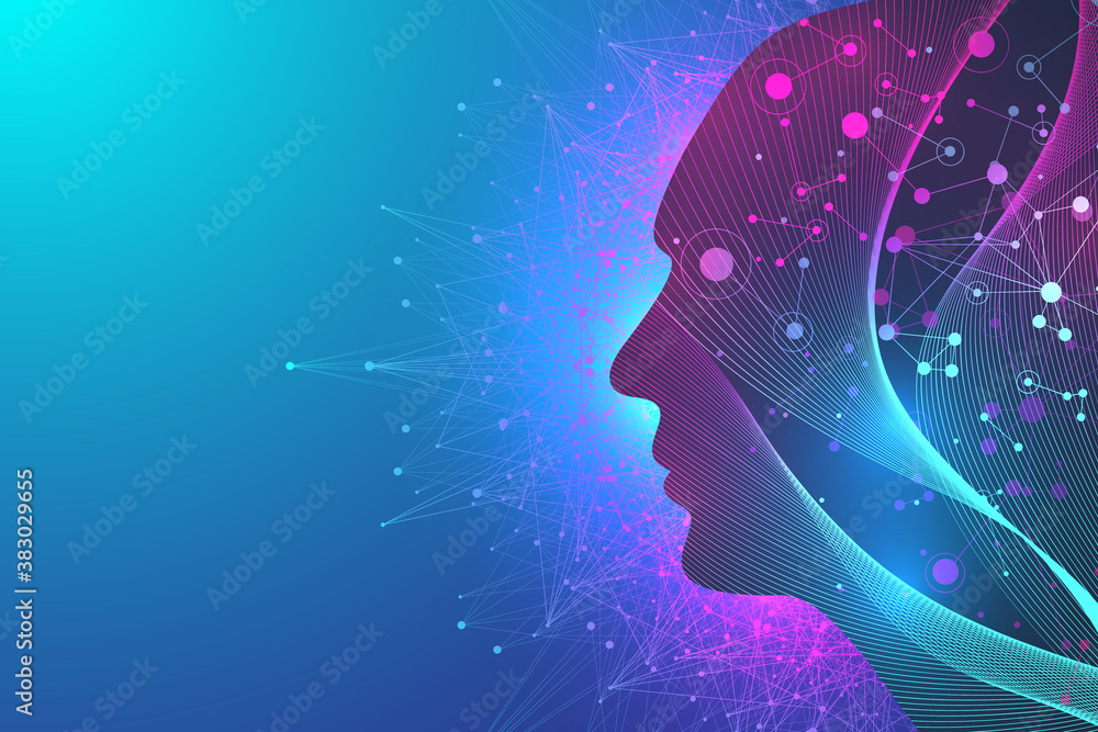 Poster Futuristic Artificial Intelligence and Machine Learning Concept. Human Big Data Visualization. Wave Flow Communication, Scientific illustration.
