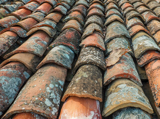Alte gebrannte Tondachziegel mit Flechten bewachsen