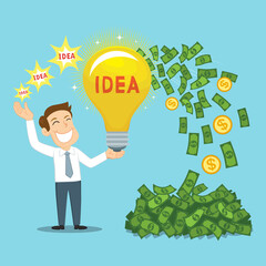 Businessman showing Bulb Light Idea Exchange Money, illustration vector cartoon