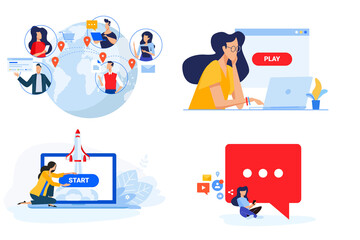 Fototapeta premium Set of people concept illustrations. Vector illustrations of social network, internet community, video streaming, startup, launching a web project