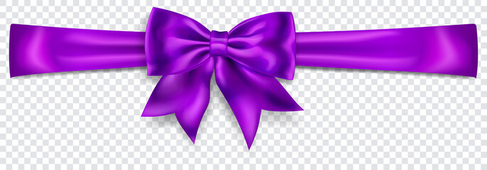 Beautiful purple bow with horizontal ribbon with shadow on transparent background. Transparency only in vector format