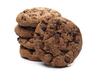 Round chocolate chip cookies isolated on white background