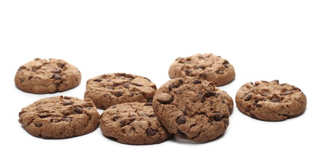 Fototapeta na wymiar Round chocolate chip cookies isolated on white background