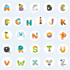 Fototapeta premium Set of round icons of funny capital letters alphabet for children education.Vector illustration of a flat design.
