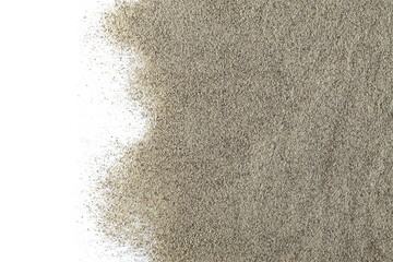 Milled white pepper powder pile, peppercorn isolated on white background