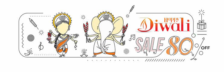 Diwali Hindu festival Poster, Abstract Flat 80% Sale Poster Banner Vector illustration.