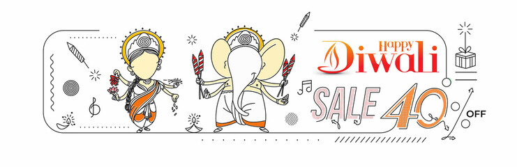 Diwali Hindu festival Poster, Abstract Flat 40% Sale Poster Banner Vector illustration.