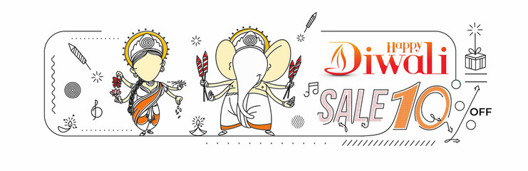 Diwali Hindu festival Poster, Abstract Flat 10% Sale Poster Banner Vector illustration.