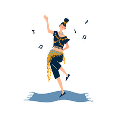 A woman enjoying their hobbies - dancing. A pretty girl is engaged in oriental dancing in a suit with coins. Flat cartoon vector illustration on white background.