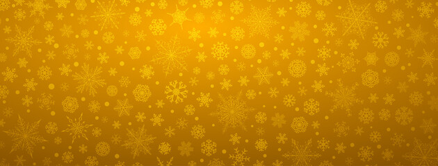 Christmas background of various complex big and small snowflakes, in yellow colors