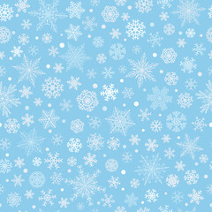 Christmas seamless pattern of various complex big and small snowflakes, white on light blue background