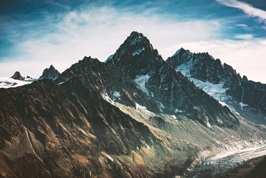 Incredible view of mountain peak in French Alps. Monte Bianco range, Mont Blank massif, France. Landscape photography