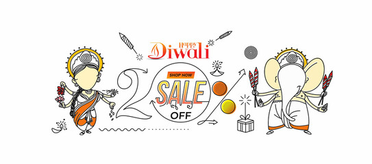 Diwali Hindu festival Poster, Abstract Flat 20% Sale Poster Banner Vector illustration.