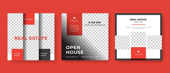 Set of editable social media post templates for real estate agency. Red accent graphics for instagram and facebook. Design layouts for digital marketing