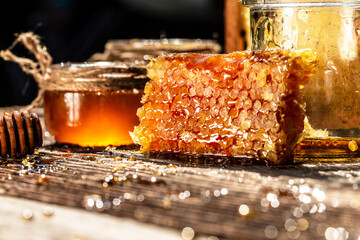 Sweet honey, pieces of combs and honey dipper. Honey background. Beekeeping concept