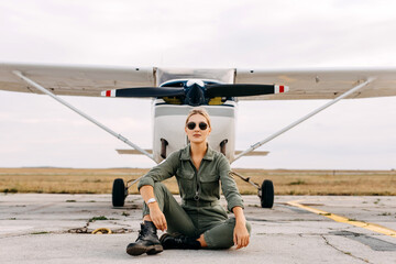 Confident woman pilot wearing overall and sunglasses, sitting in front of an airplane.
