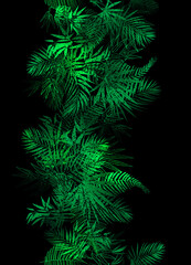 Tropical unusual color leaves. Seamless pattern border frame with vector image. Jungalow style. Botanical theme. Fabulous tropical wallpapers and backgrounds