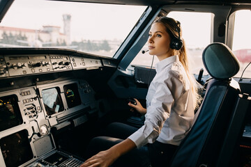 Confident woman pilot flying a commercial aircraft, sitting in cockpit. - obrazy, fototapety, plakaty
