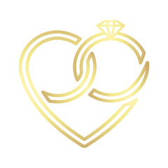  Two wedding gold intertwined rings forming a heart. Vector icon isolated on white background.