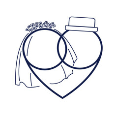  Wedding gold intertwined rings forming a heart.  Vector festive icon with bride veil and groom hat.