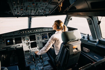 Confident woman pilot flying a commercial aircraft, sitting in cockpit. - obrazy, fototapety, plakaty