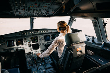 Woman pilot sitting in aircraft cockpit, flying the plane. - obrazy, fototapety, plakaty