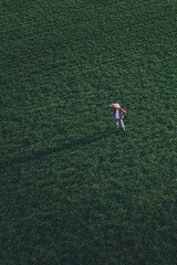 Wheat farmer standing and looking over wheatgrass field, aerial view