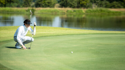 Golfer man playing golf aiming shot for putting ball on the hole with club on green course. ...