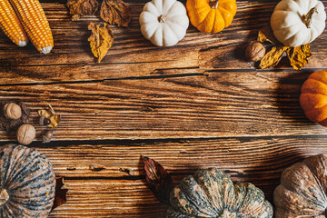 Happy Thanksgiving Day with pumpkin and nut on wooden table