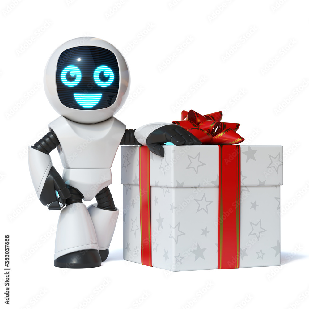Aufkleber little robot with the big gift box 3d rendering