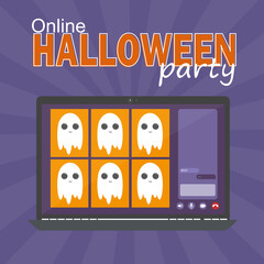 Online Halloween party concept, computer screen have video conference to celebrate, video call with funny ghosts, flat vector illustration