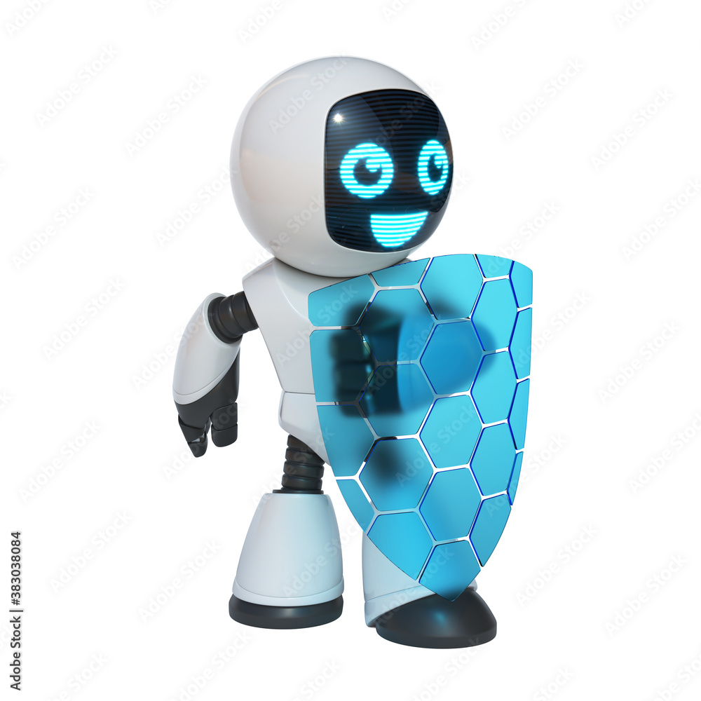 Aufkleber little robot holding transparent shield, data security concept, 3d rendering