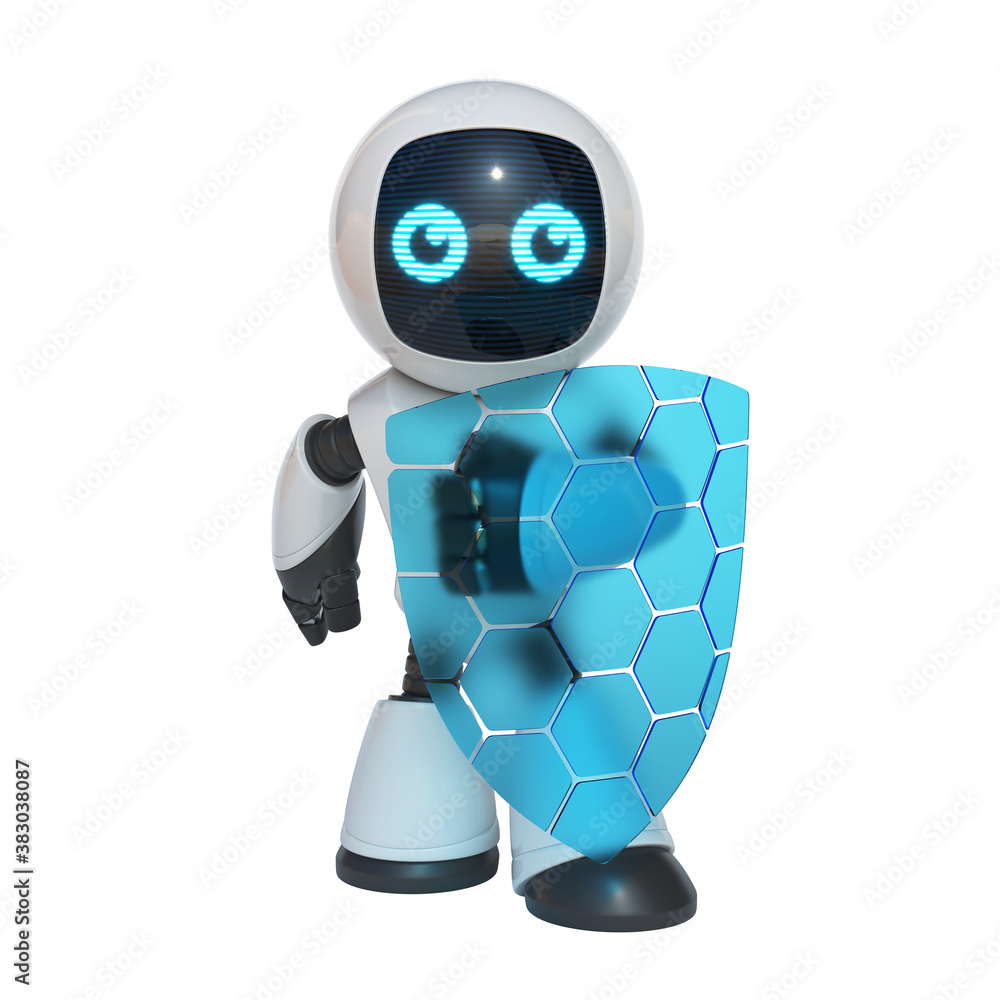 Poster little robot holding transparent shield, data security concept, 3d rendering