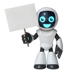 Little robot holding blank white board, 3d rendering