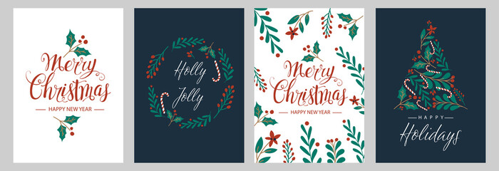 Set Christmas cards with Christmas tree, wreath, christmas decorations. Vector