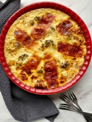 home made crustless quiche in a red dish 