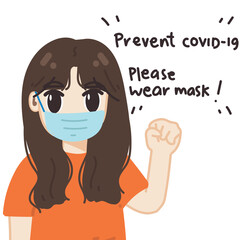 Prevent covid-19, please wear mask. cute girl in orange shirt wearing mask. poster for help reduce the risk of catching coronavirus Covid-19. Vector design.