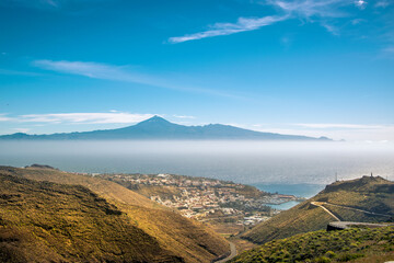Panoramic view of la Gomera and Tenerife in the background. Tenerife and el Teide seen from la Gomera. Travel destinations canary islands. Places to visit on the canary islands.