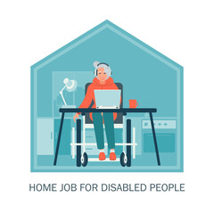 Disabled Person in Wheelchair Working on Computer Desk in Home Office. Handicapped Business Character at Workplace. Disability Concept. Flat Cartoon Vector Illustration.