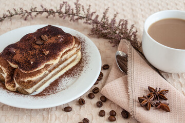 a serving of delicious tiramisu with a cup of coffee with milk - the perfect breakfast or dessert. 