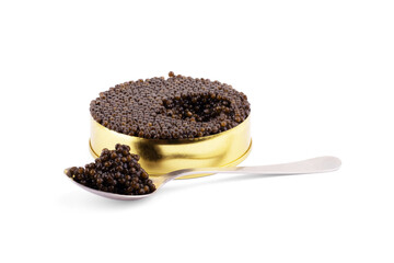 Black caviar in a silver bowl on a white background