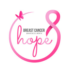 breast cancer awareness month - hope text in pink ribbon circle frame and butterfly banner vector design
