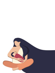 Flat vector illustration of a woman with a baby nursing. World breastfeeding week , feeding of babies with milk from a females breast. Happy mothers day.
