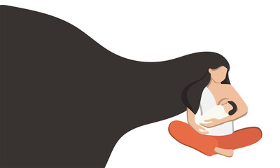 Flat vector illustration of a woman with a baby nursing. World breastfeeding week , feeding of babies with milk from a females breast. Happy mothers day.